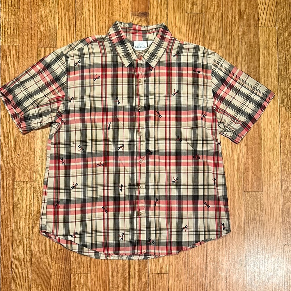 Vintage Bobbie Brooks Beige and Red Dragonfly Plaid Shirt Size XL